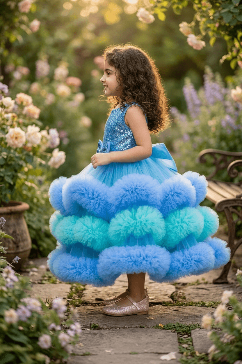blue flared Birthday Party Frock for Girls m260298