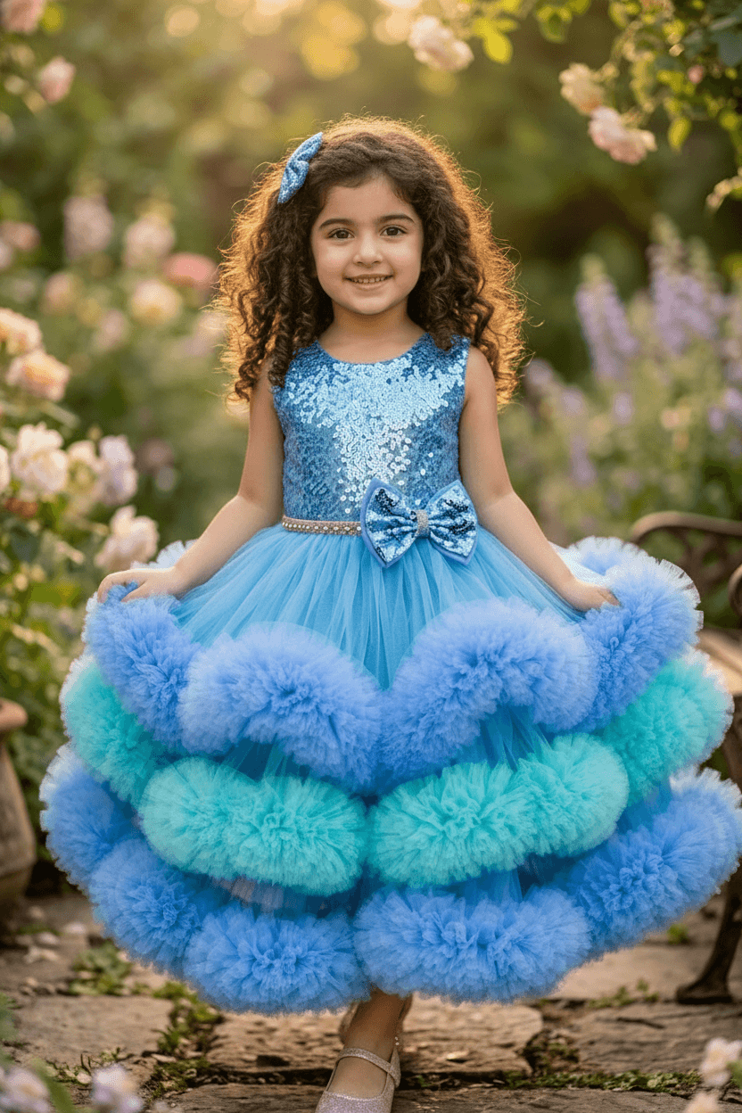 blue flared Birthday Party Frock for Girls m260298