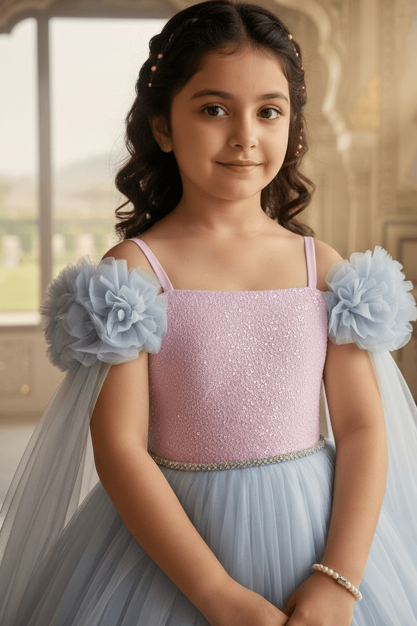 Pink Floral Embroidered Net Gown Length Party Dress for Girls