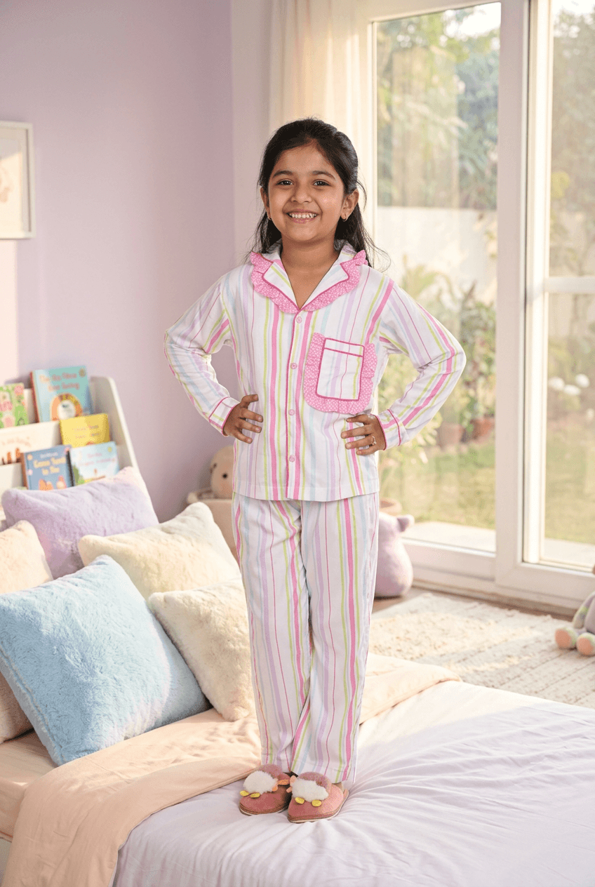 Girls white printed night suit set