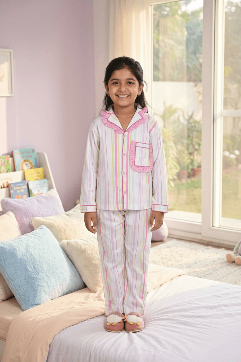Girls white printed night suit set