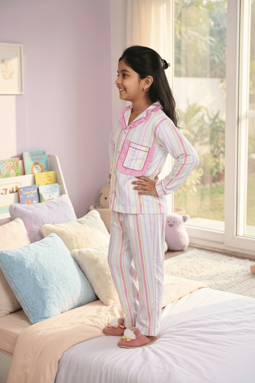 Girls white printed night suit set