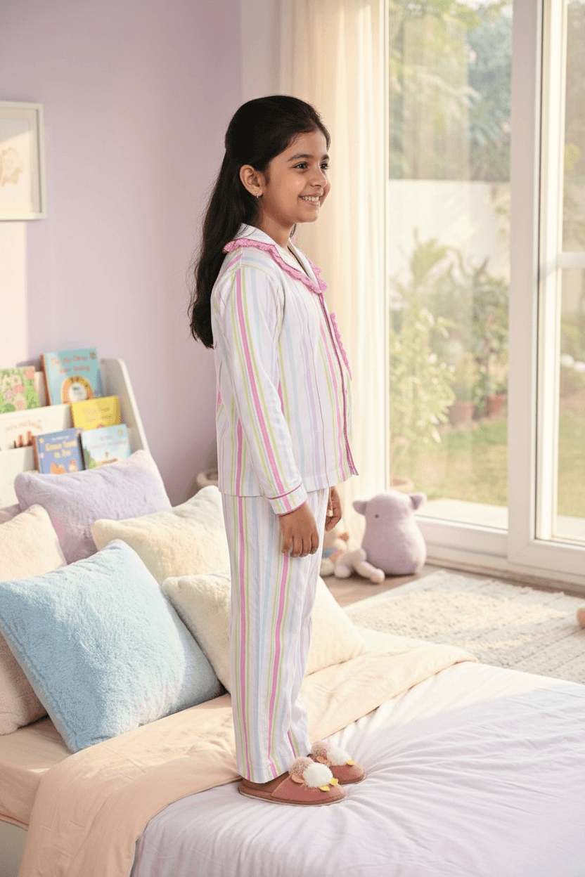 Girls white printed night suit set