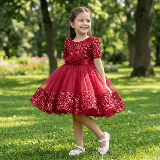 Girls red knee length Party frock M240006