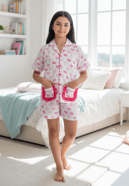 Girls Pink printed night suit set with shorts