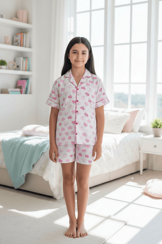 Girls Pink printed night suit set with shorts