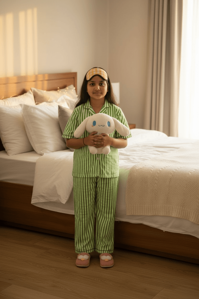 Girls Green stripes night suit set