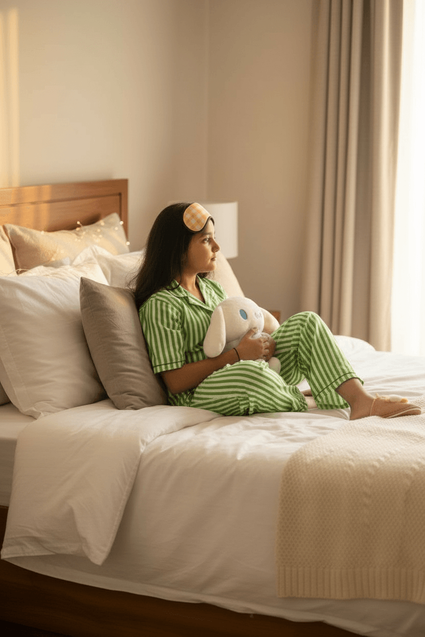 Girls Green stripes night suit set