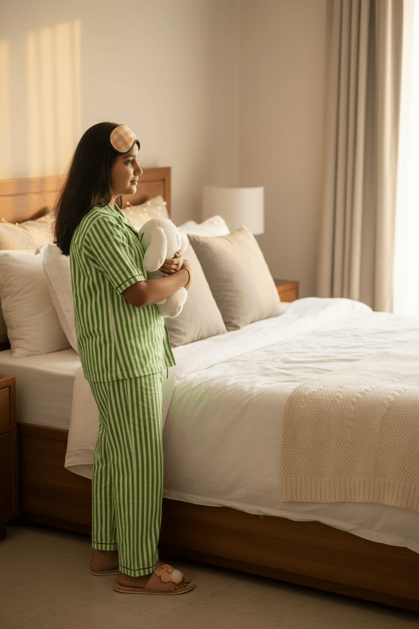 Girls Green stripes night suit set