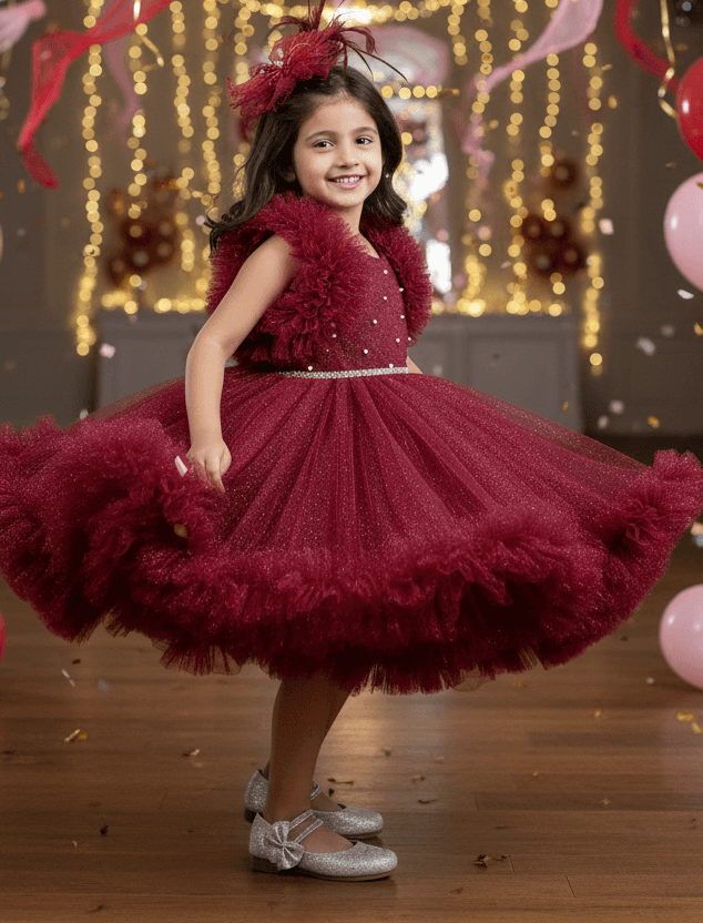 Girls Wine knee length Party frock M240020