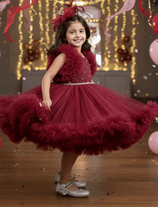 Girls Wine knee length Party frock M240020