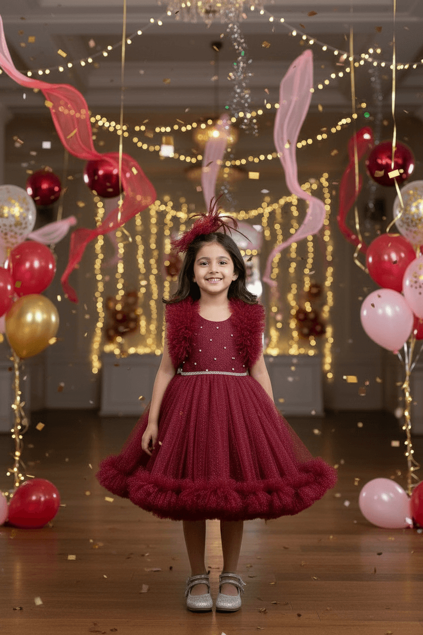 Girls Wine knee length Party frock M240020