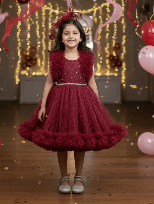 Girls Wine knee length Party frock M240020