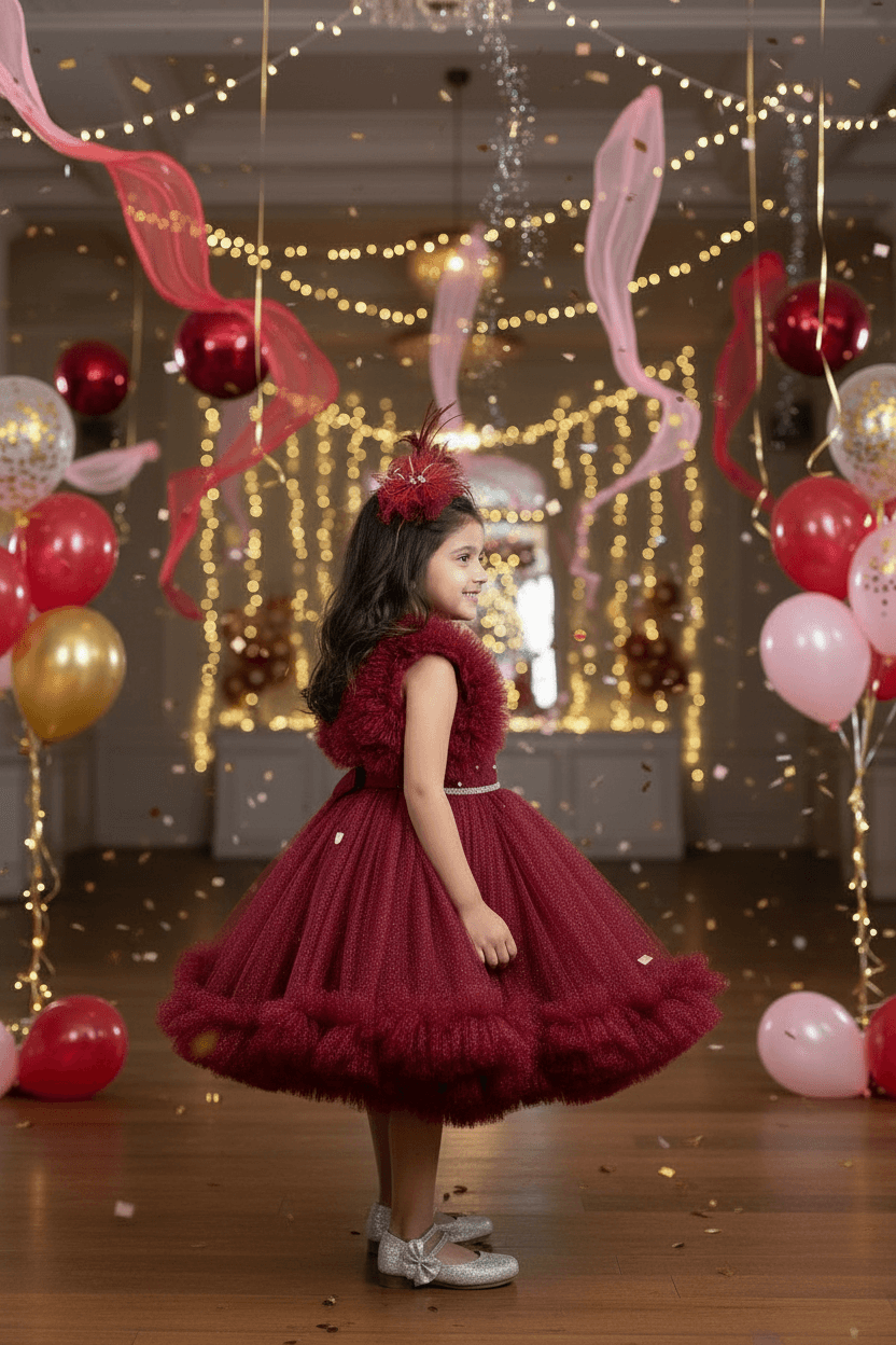 Girls Wine knee length Party frock M240020