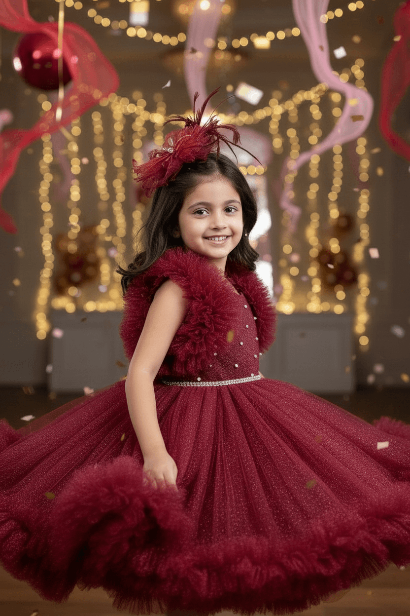Girls Wine knee length Party frock M240020