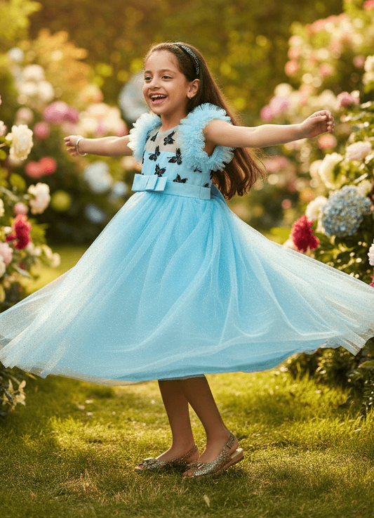 Girls blue knee length Party frock m234901