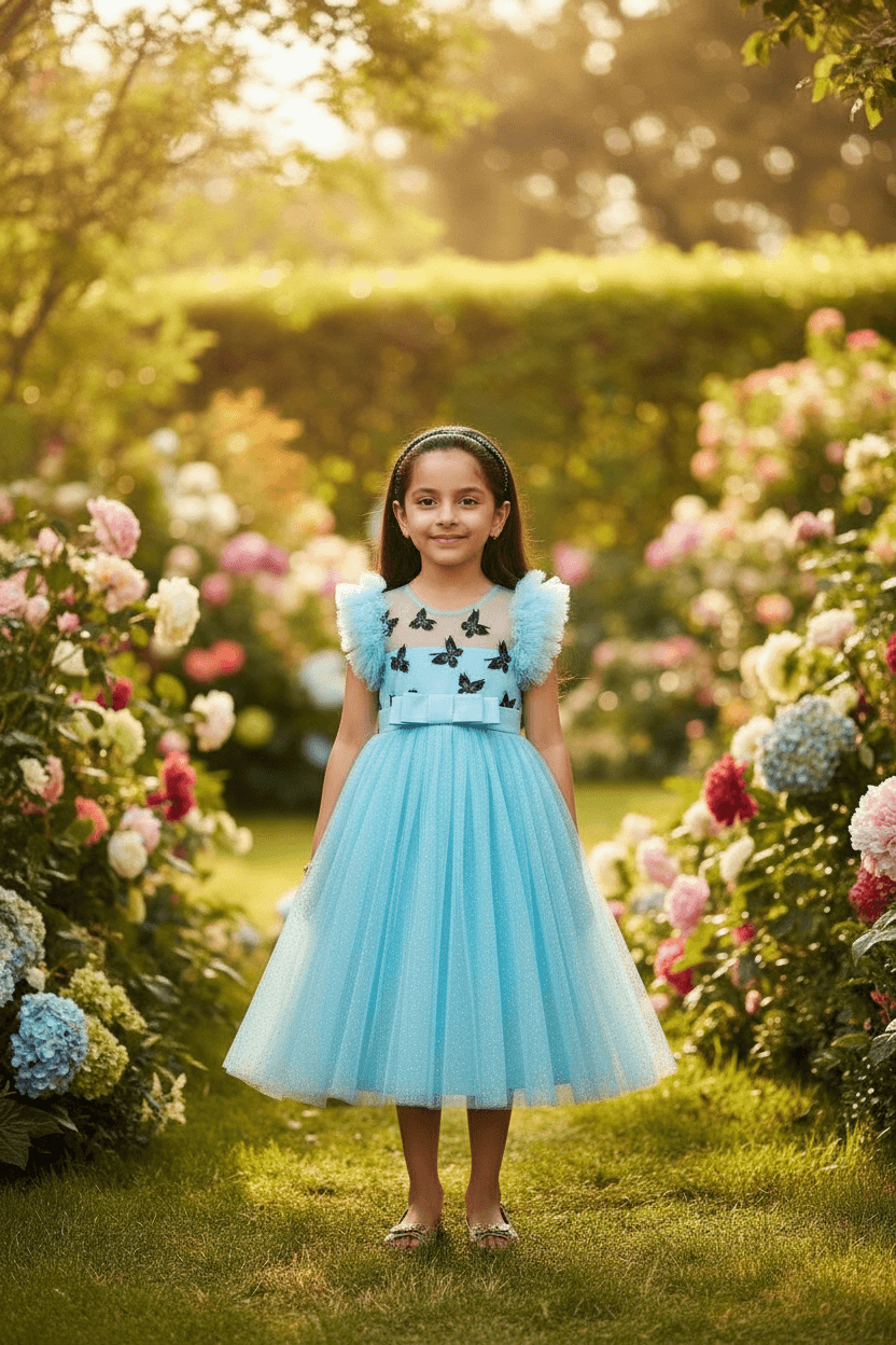Girls blue knee length Party frock m234901
