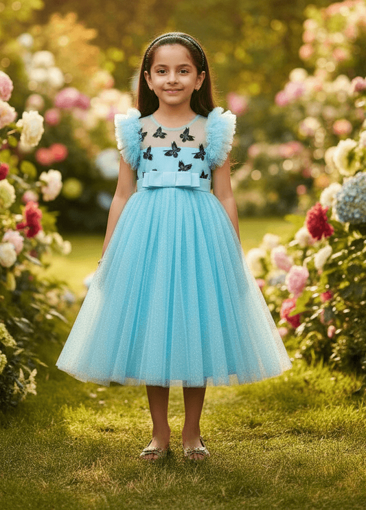 Girls blue knee length Party frock m234901