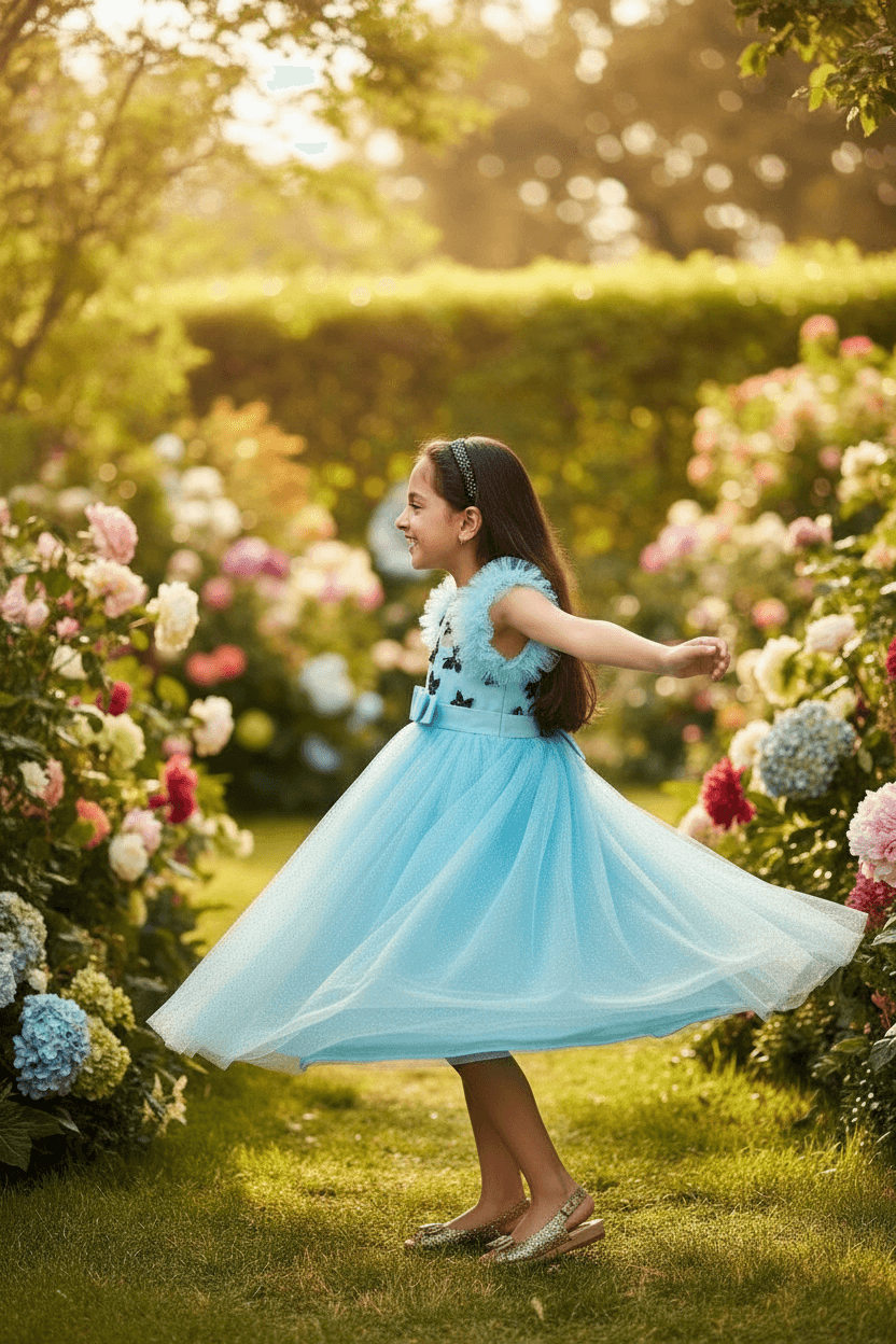 Girls blue knee length Party frock m234901