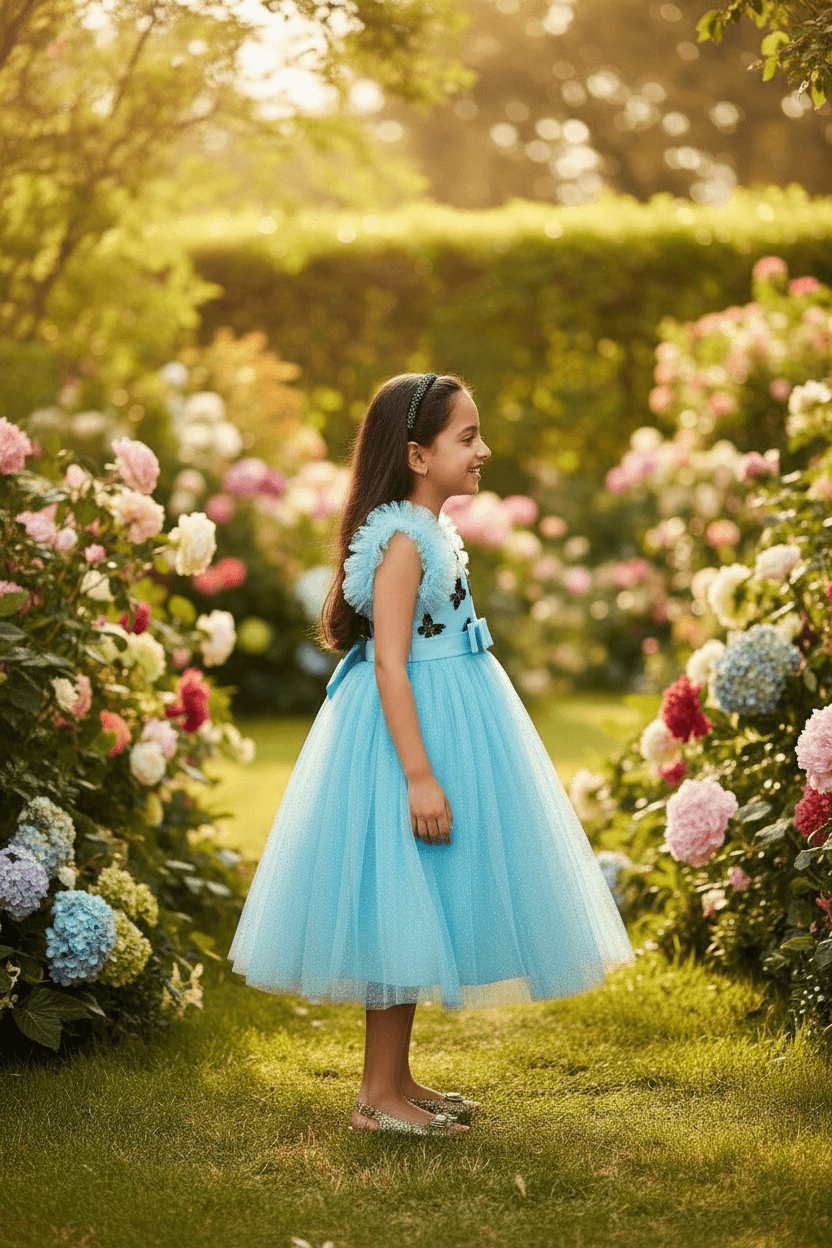 Girls blue knee length Party frock m234901