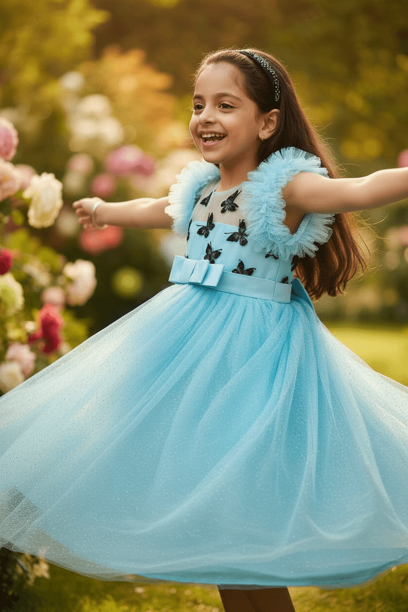 Girls blue knee length Party frock m234901