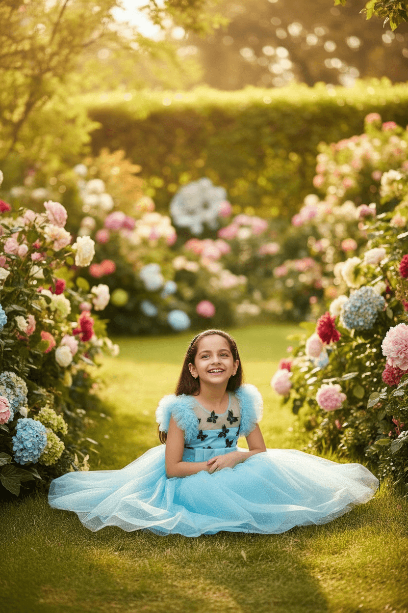 Girls blue knee length Party frock m234901