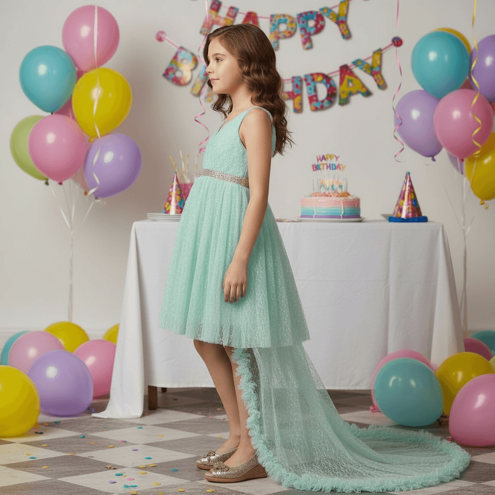 Girls green knee length Party frock m234001