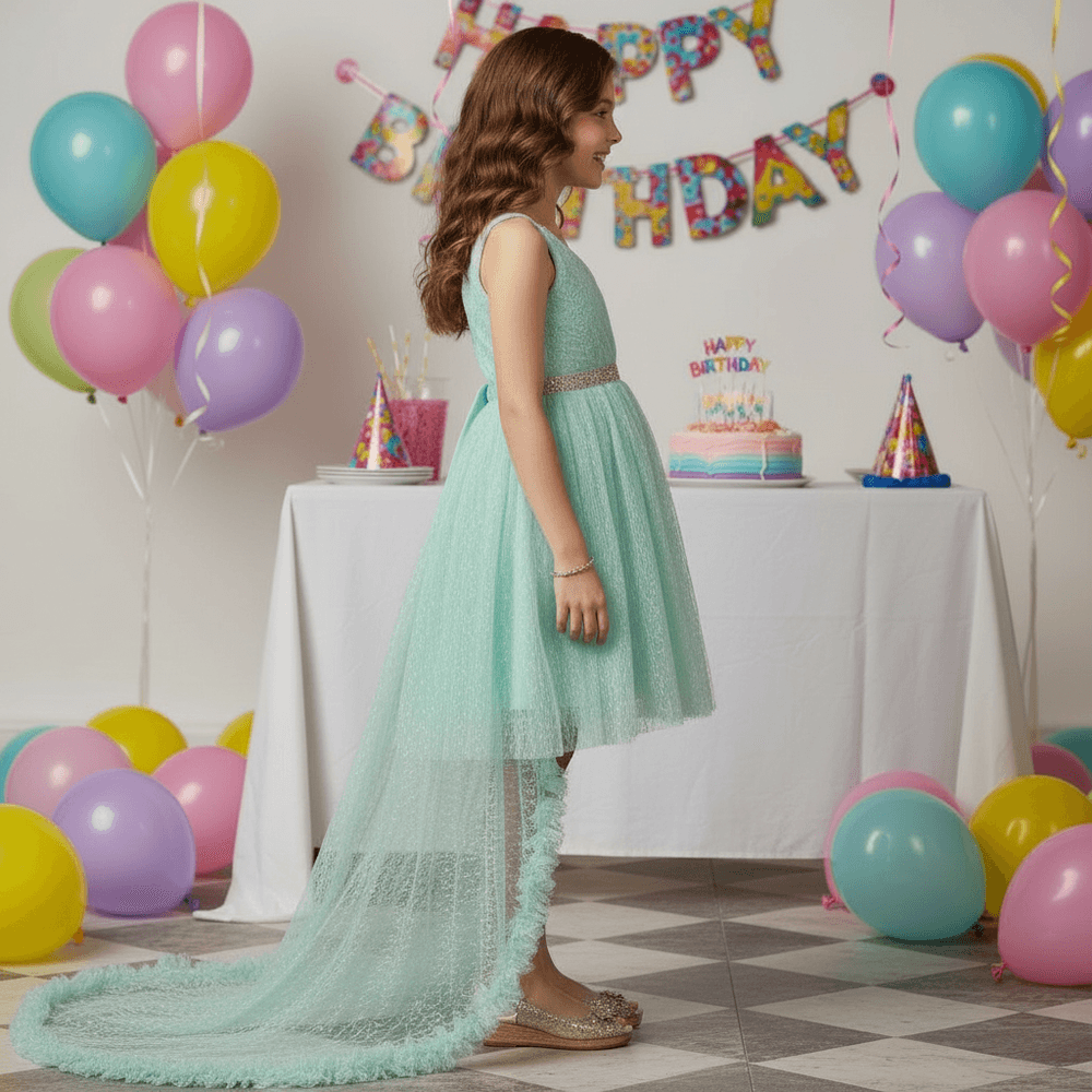 Girls green knee length Party frock m234001