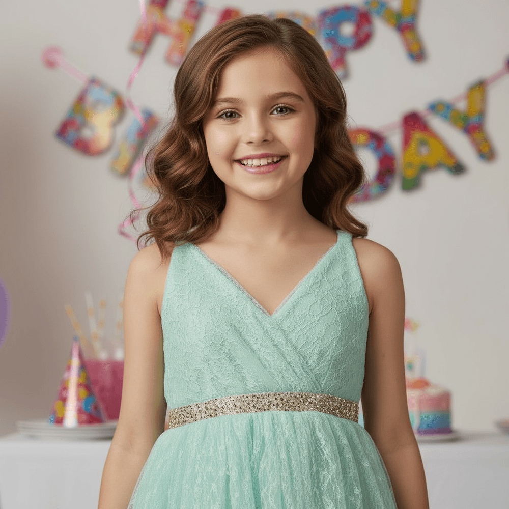 Girls green knee length Party frock m234001