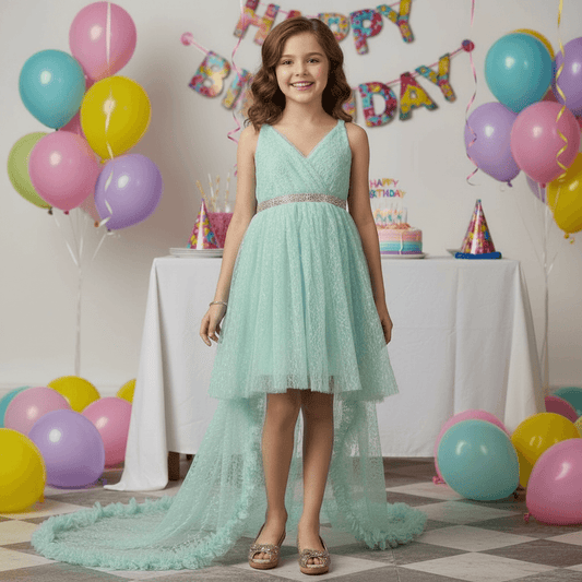 Girls green knee length Party frock m234001