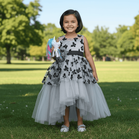 Girls Grey knee length Party frock m240021