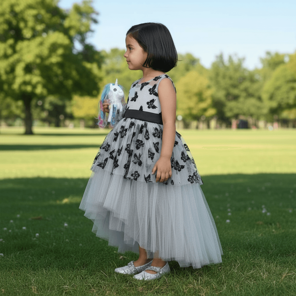 Girls Grey knee length Party frock m240021