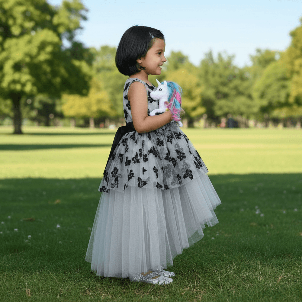 Girls Grey knee length Party frock m240021