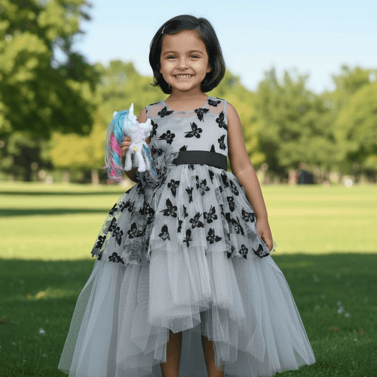 Girls Grey knee length Party frock m240021