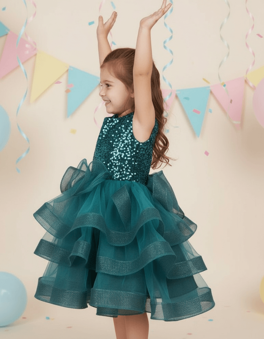 Girls Green knee length Party frock m240019