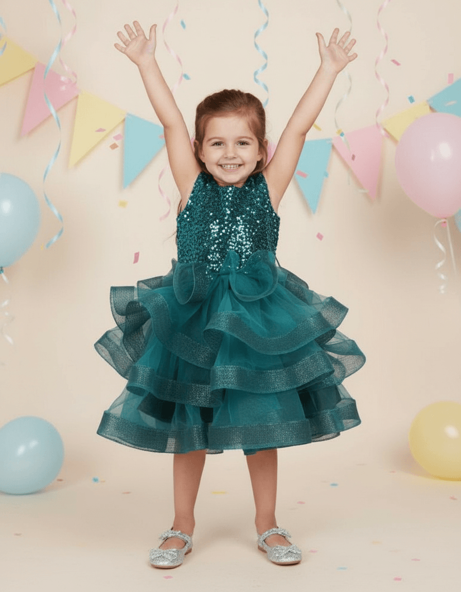 Girls Green knee length Party frock m240019
