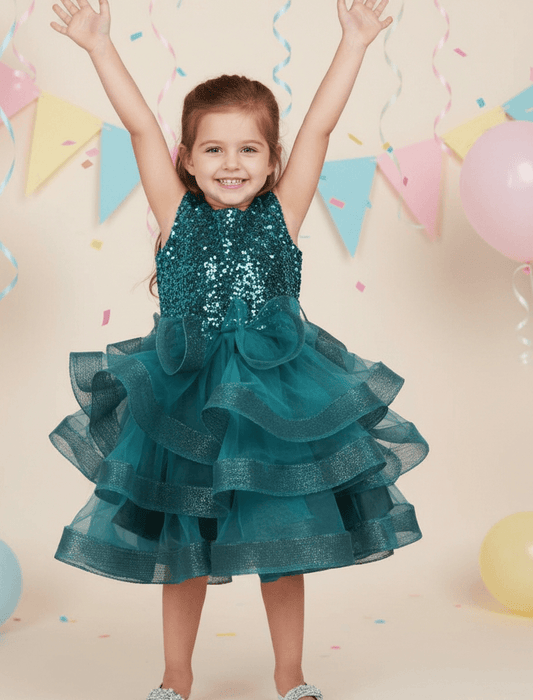 Girls Green knee length Party frock m240019