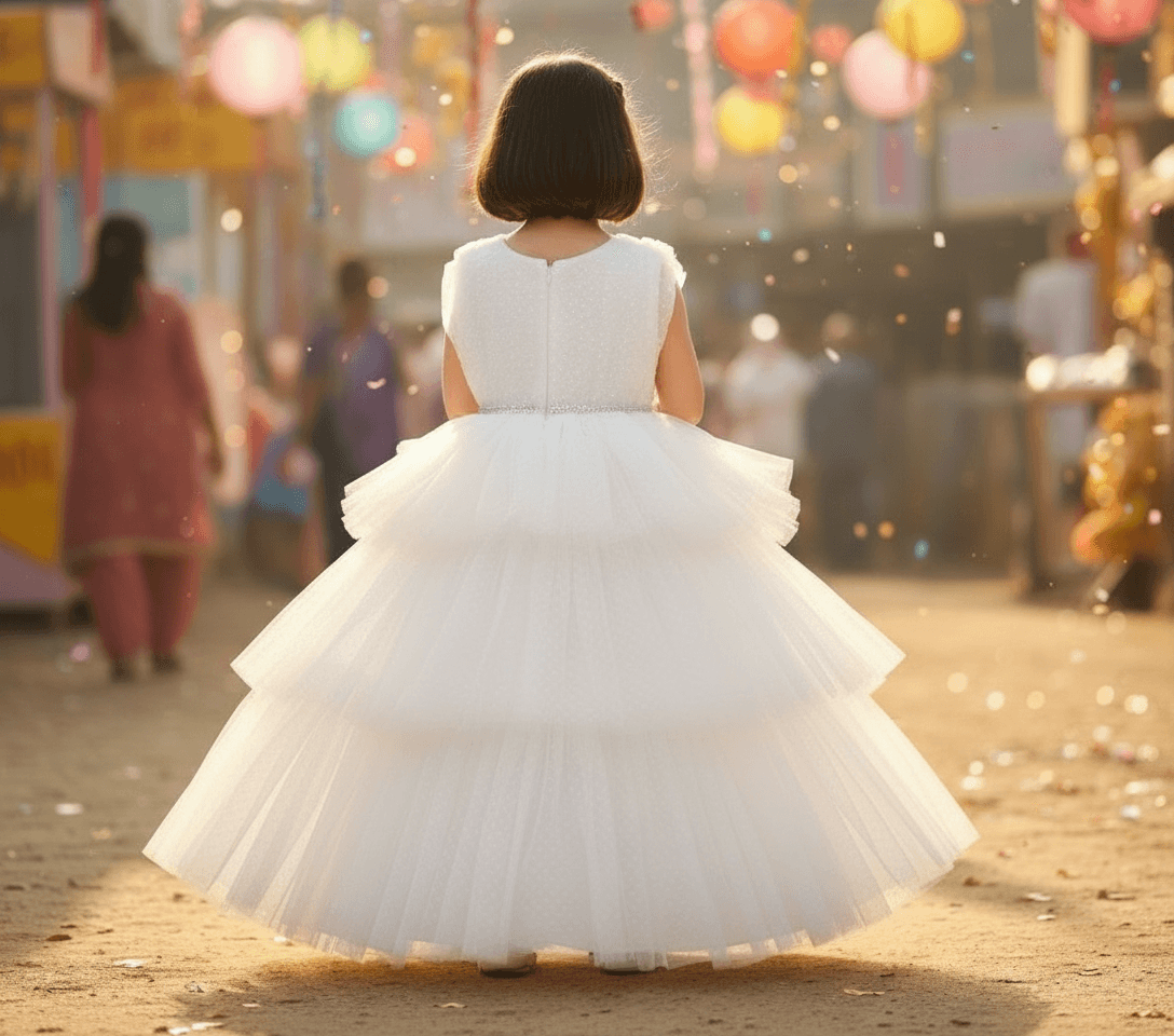 Girls white knee length Party frock m240014