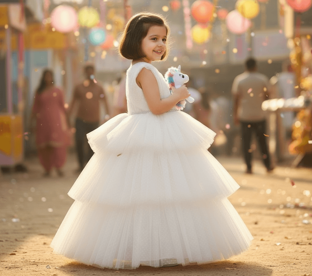 Girls white knee length Party frock m240014