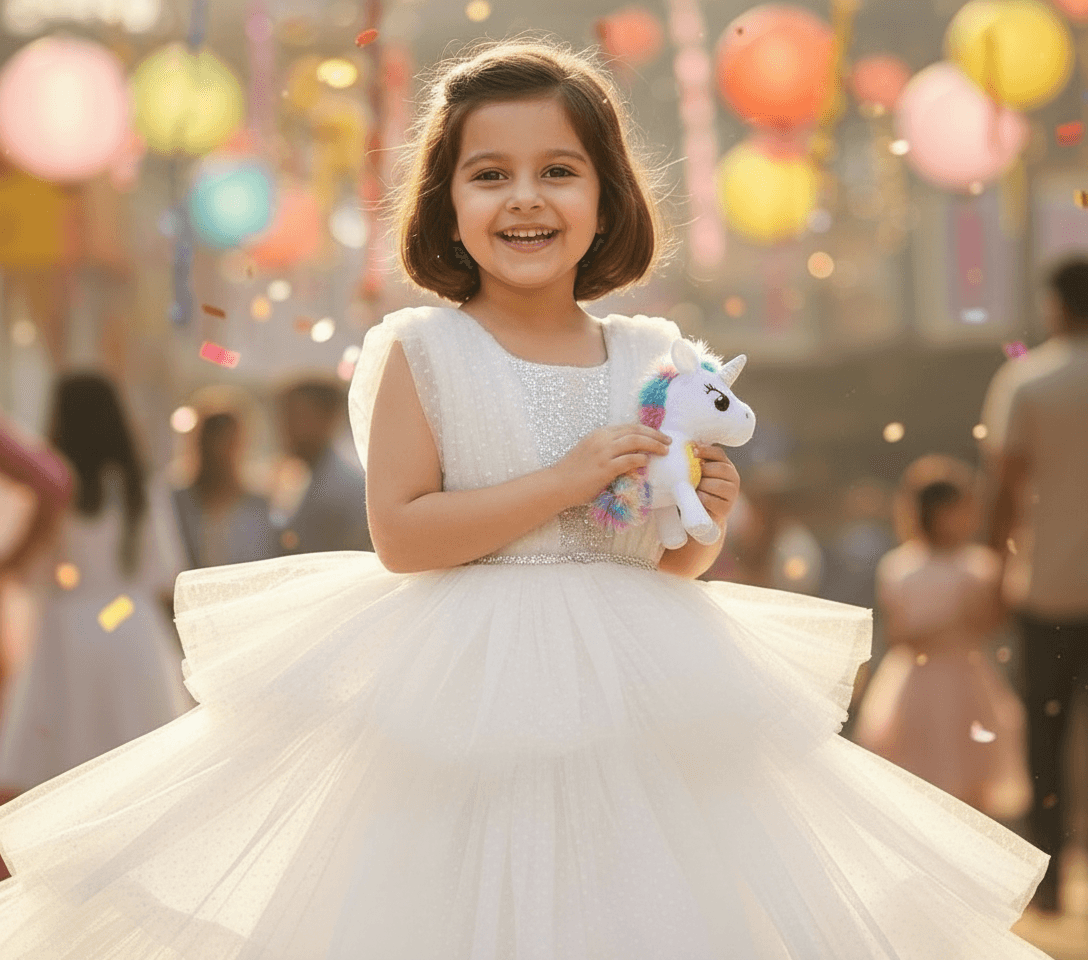 Girls white knee length Party frock m240014