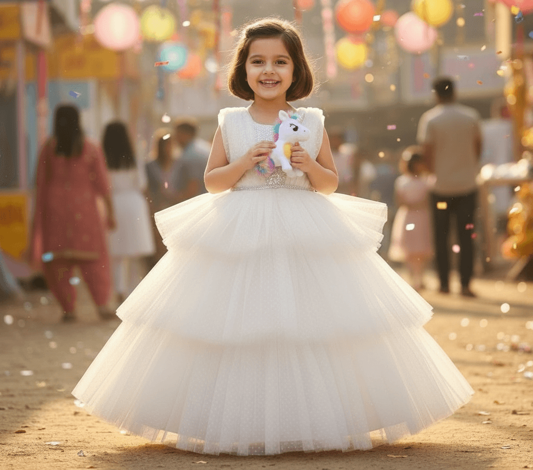 Girls white knee length Party frock m240014
