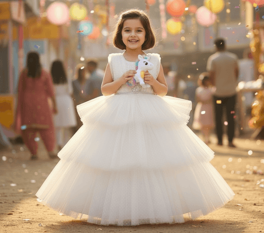 Girls white knee length Party frock m240014