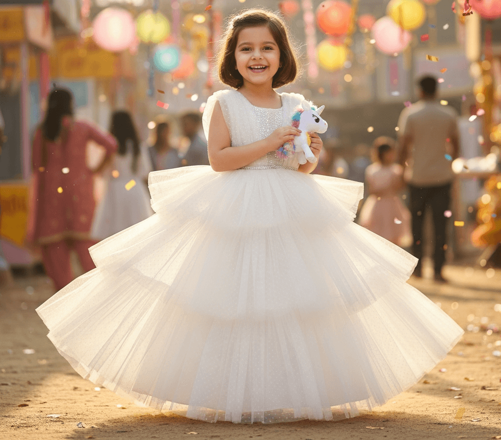 Girls white knee length Party frock m240014