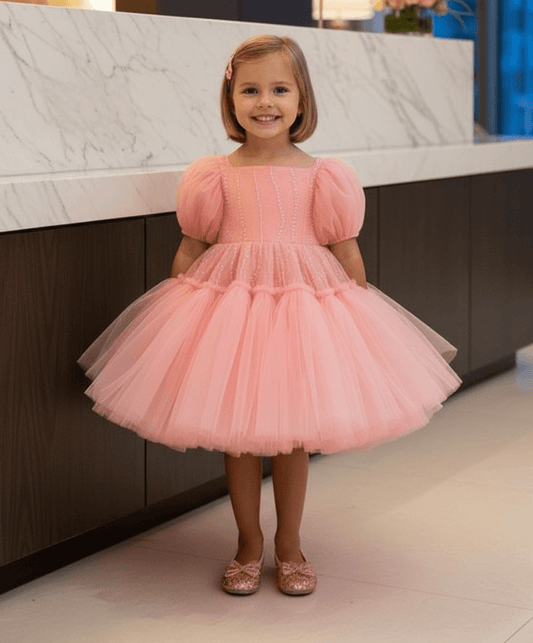 Girls Peach knee length Party frock M240009