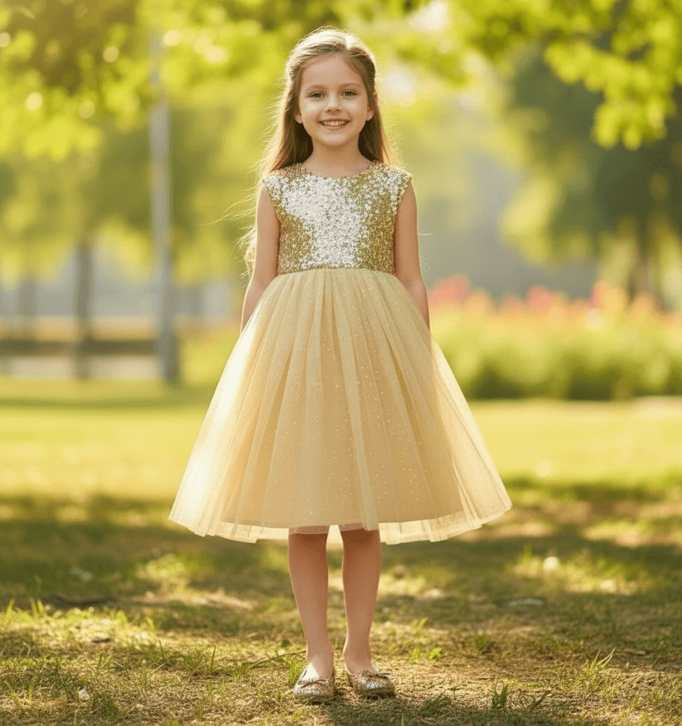 Girls golden knee length Party frock M234201