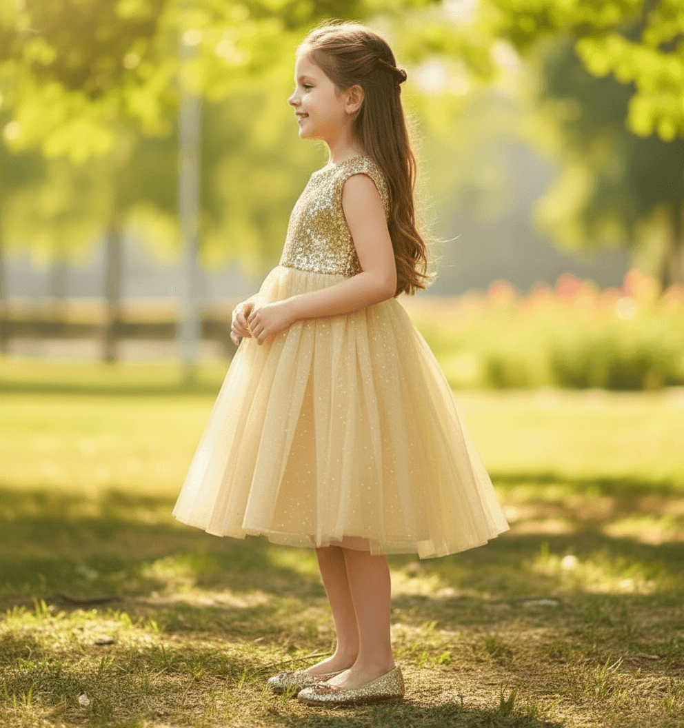Girls golden knee length Party frock M234201