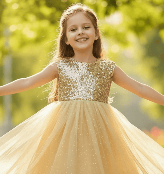 Girls golden knee length Party frock M234201