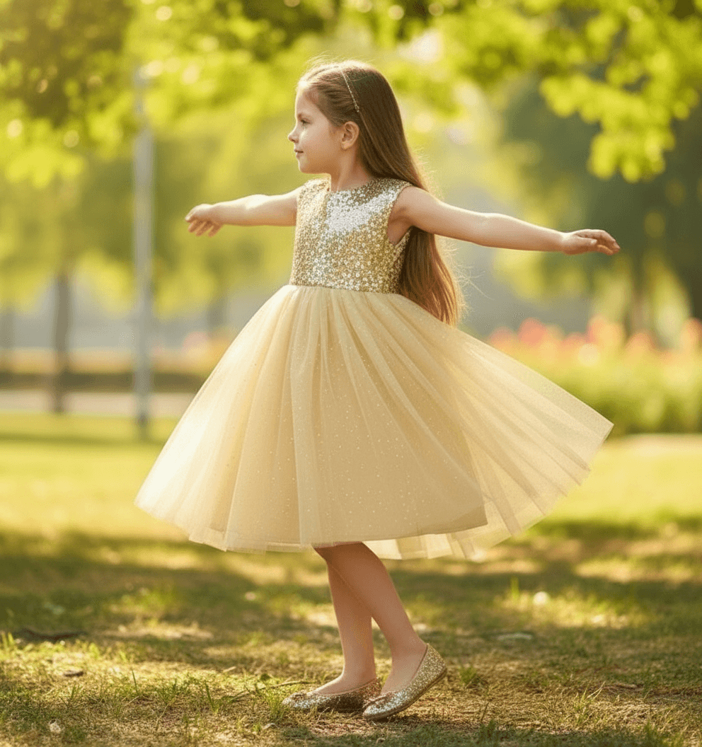 Girls golden knee length Party frock M234201