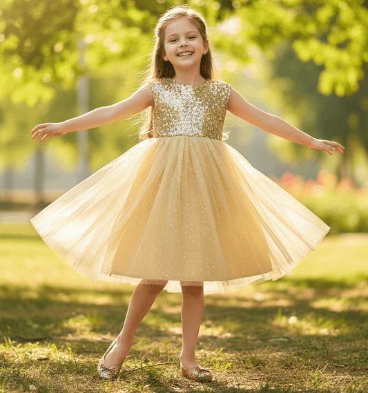Girls golden knee length Party frock M234201