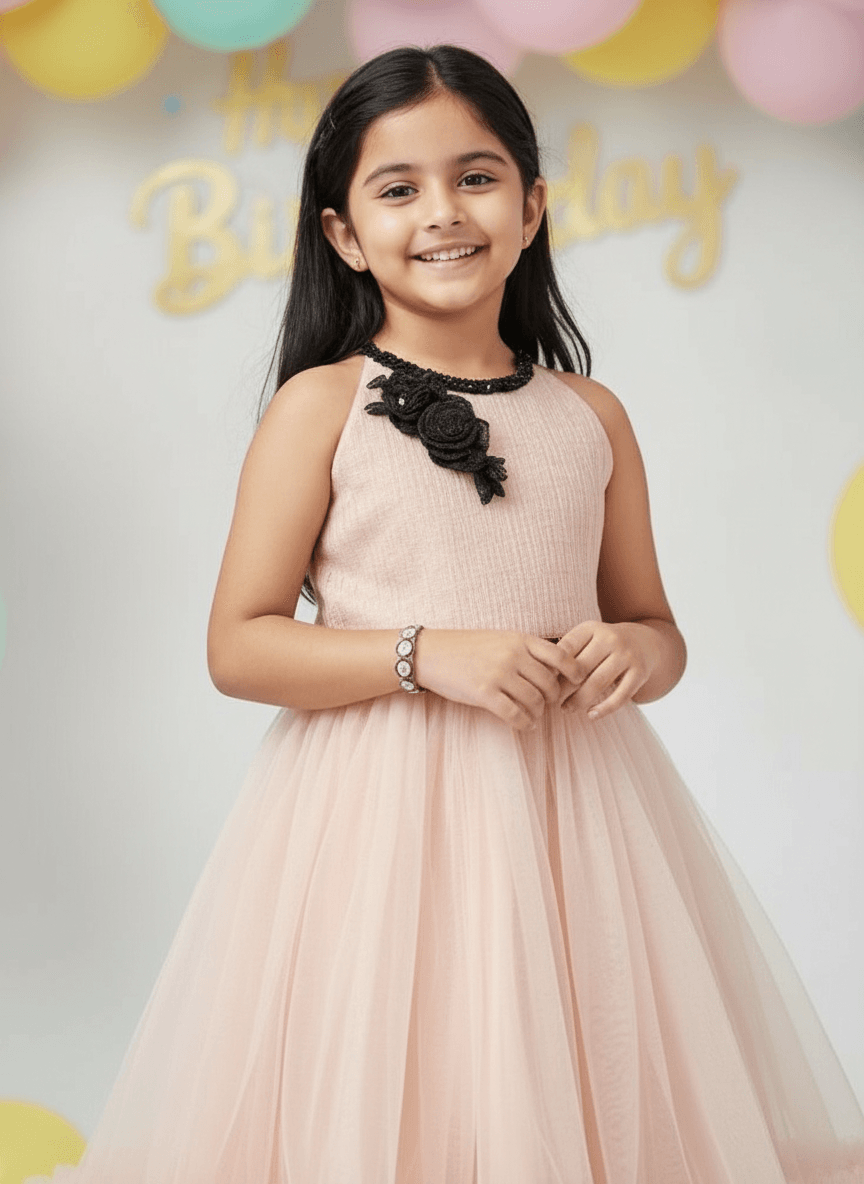 Girls champagne knee length Party frock m234101
